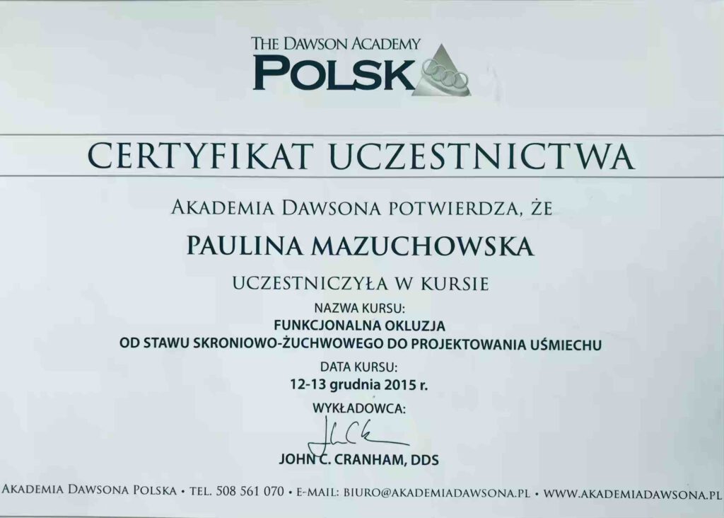 Akademia Dawsona Okluzja, Certyfikat uczestnictwa