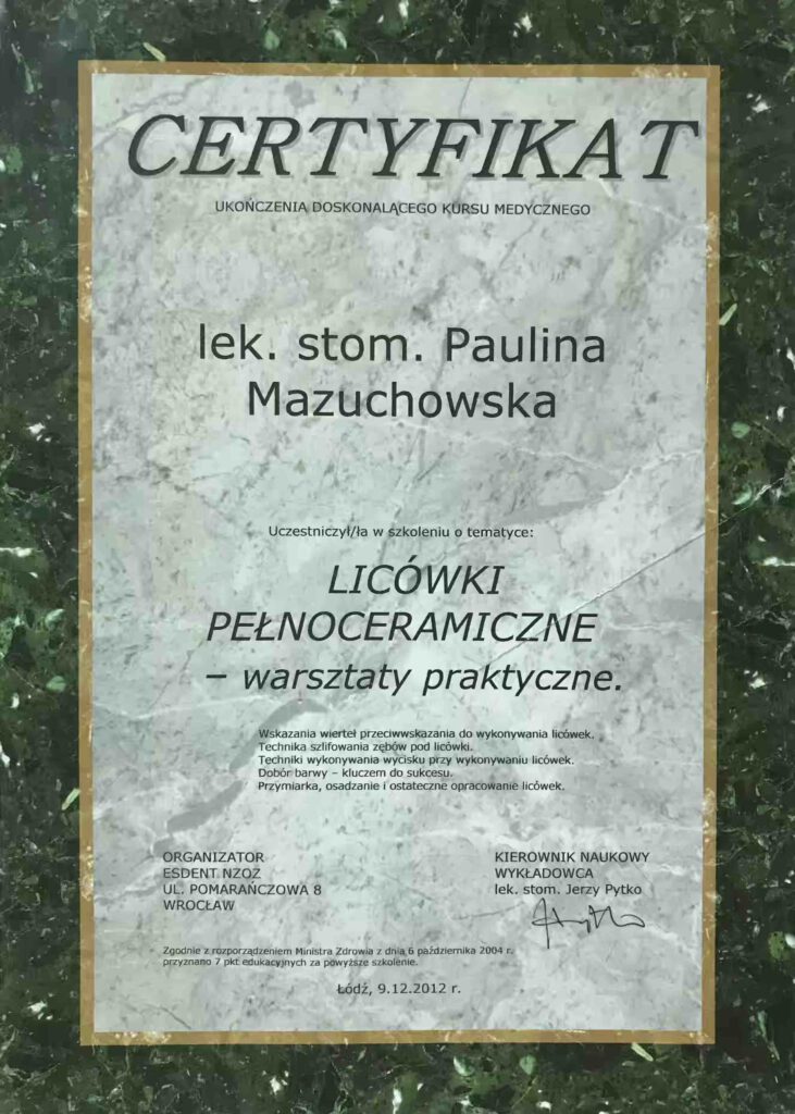 Kurs Licówki pełnoceramiczne, Pytko, Certyfikat uczestnictwa