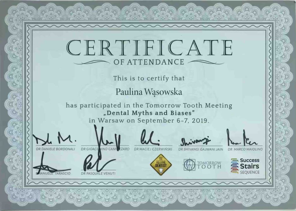 Dental Myths and Biases, Tomorrow Tooth Meeting, Certyfikat uczestnictwa