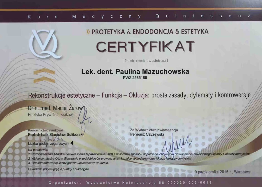 Rekonstrukcje estetyczne-Funkcja i Okluzja, Żarow. Certyfikat uczestnictwa