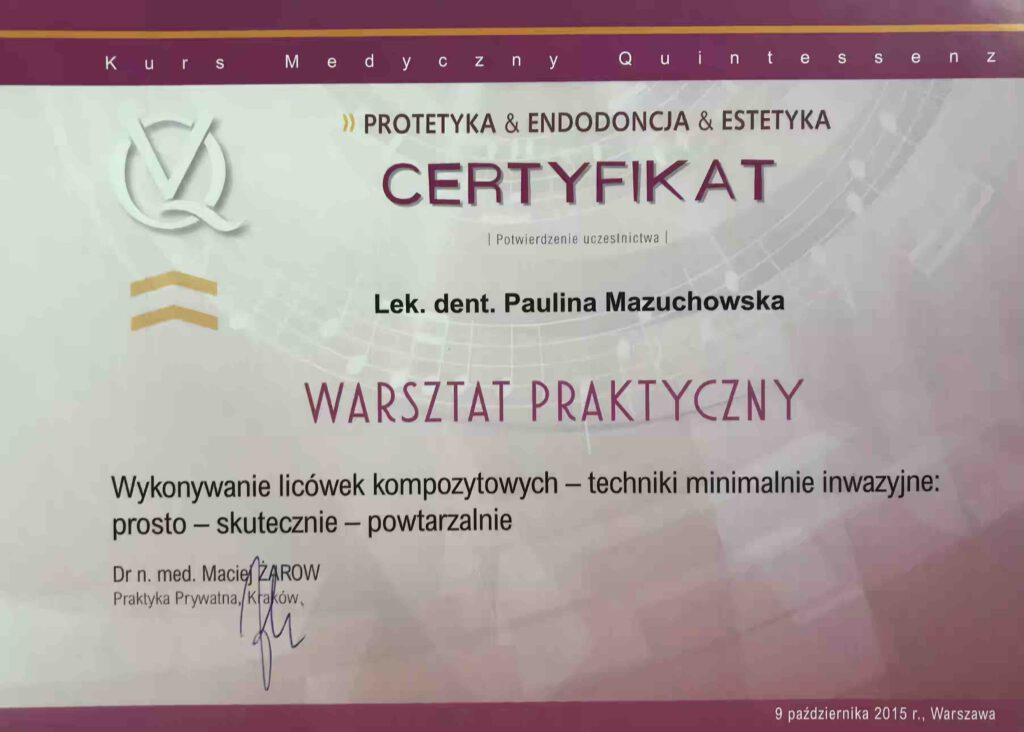 Licówki kompozytowe-warsztat praktyczny, Żarow. Certyfikat kursu