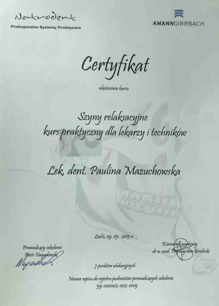Szyny relaksacyjne-kurs praktyczny, Nagadowski. Certyfikat