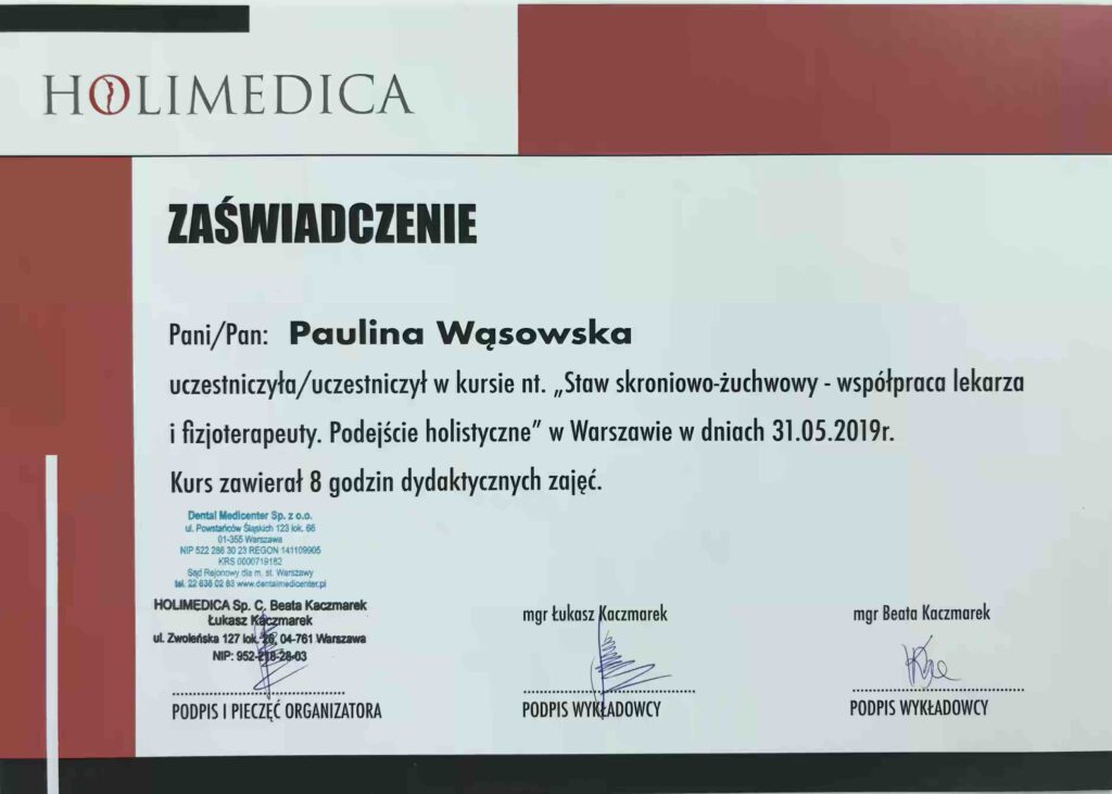 Staw skroniowo-żuchwowy, Zaświadczenie o odbyciu kursu