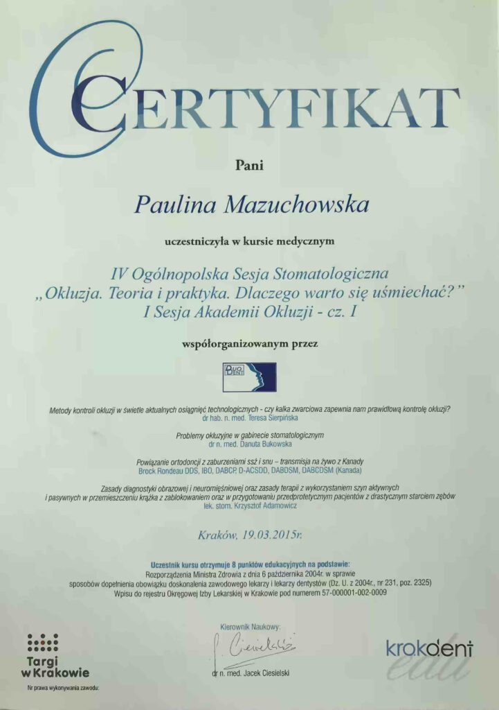 Krakdent, Kurs Okluzja, Certyfikat Uczestnictwa