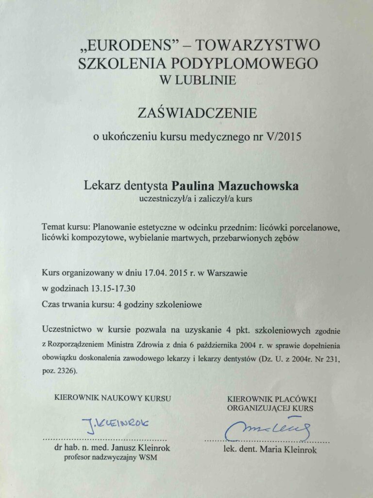 Planowanie estetyczne w odcinku przednim-licówki, korony.Kurs.Certyfikat Uczestnictwa