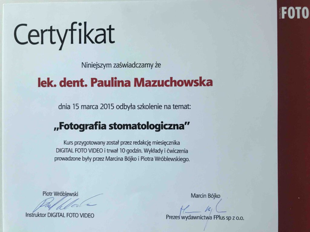 Fotografia Stomatologiczna KURS, Certyfikat uczestnictwa