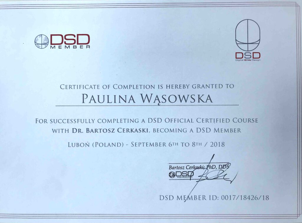 DSD Digital Smile Design, kurs. Certyfikat uczestnictwa